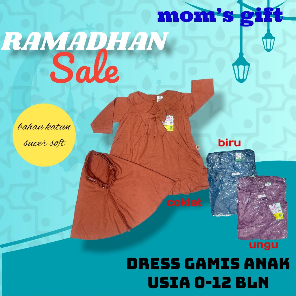 MOM'S GIFT D-5164 Baju Muslim/Gamis Anak/Bayi Perempuan Cewek (Dress+Hijab) Bahan Katun Baju Muslim 