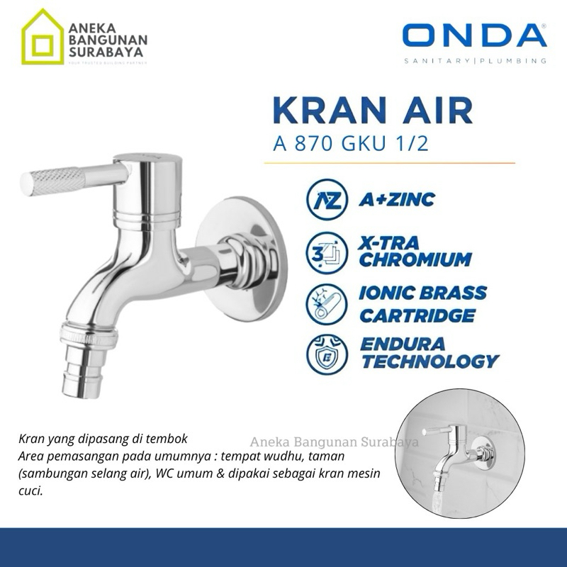 Kran air ONDA A 870 GKU 1/2” keran taman tembok A870 sambungan selang mesin cuci wudhu