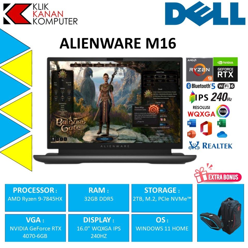 Laptop Gaming Alienware M16 Grey Ryzen 9 7845HX RAM 32GB DDR5 SSD 2TB RTX4070-8GB 16.0" WQXGA  2K 240HZ RGB Windows 11 Home Original