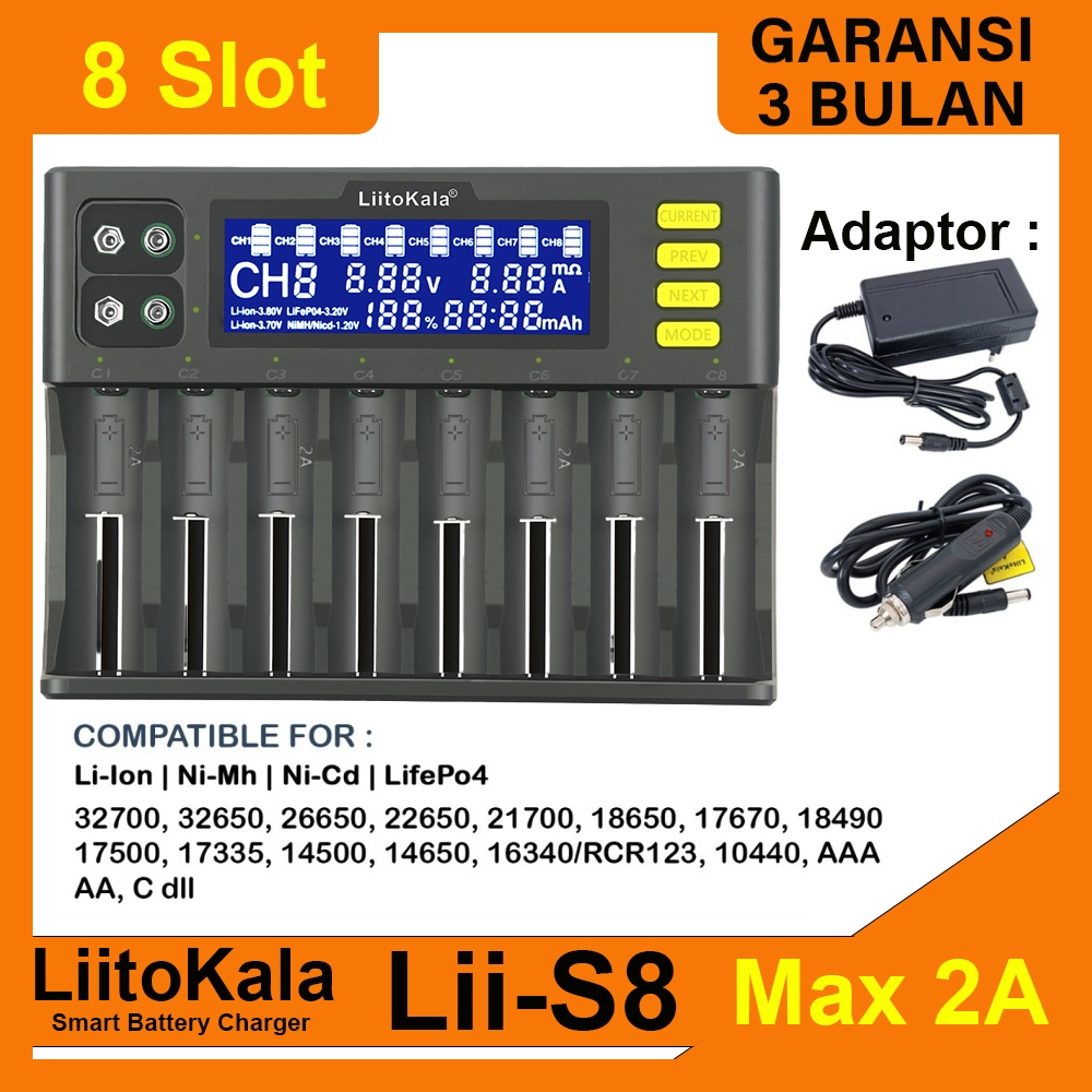 LiitoKala Lii-S8 Charger Baterai Fast Charging 2A Li-Ion LiFePO4 NiMH/NI-Cd 18650 26650 21700 AA AAA