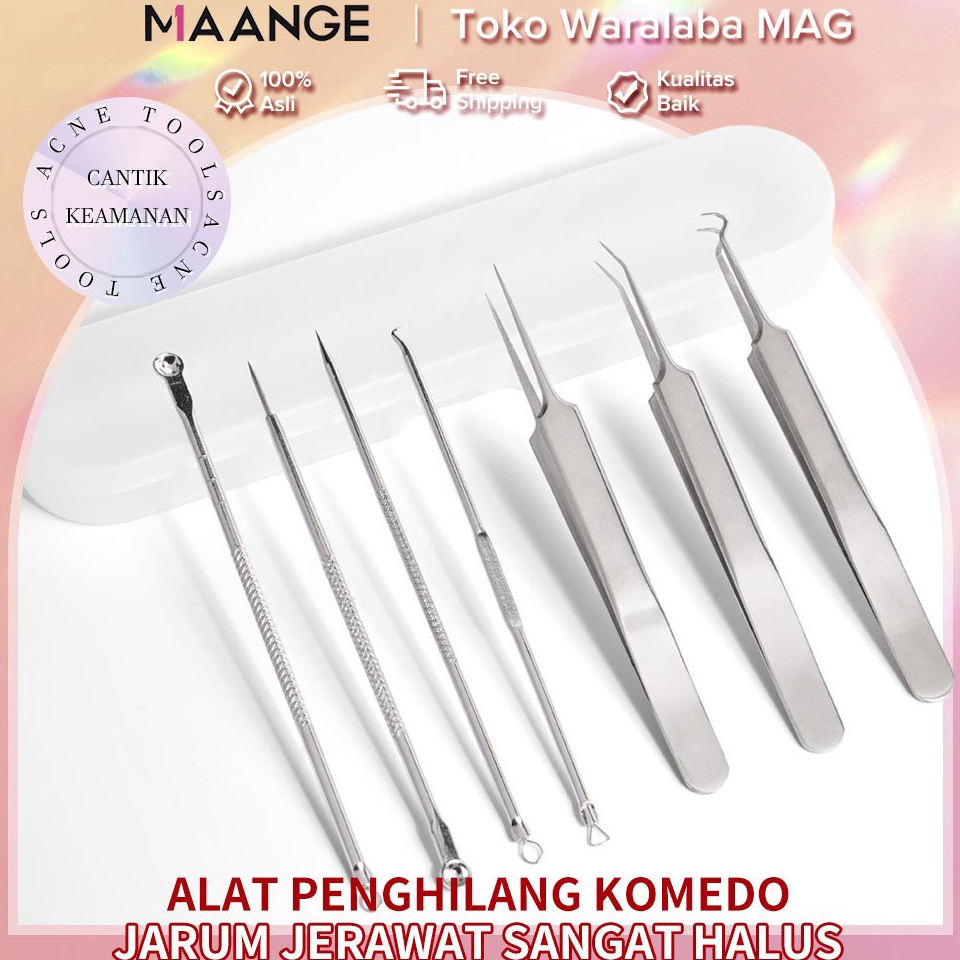 READY MAANGE 7PcsSet Pinset Komedo Stainlees Steel  Pinset Jerawat  Blackhead Tweezer Untuk Menghila