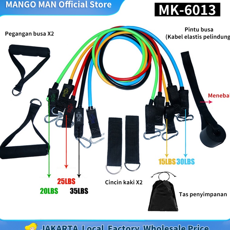 Siap Kirim MANGO MAN Official Shop Tali Stretching Pilates Tube Yoga Fitness 11 IN 1 Resistance Band