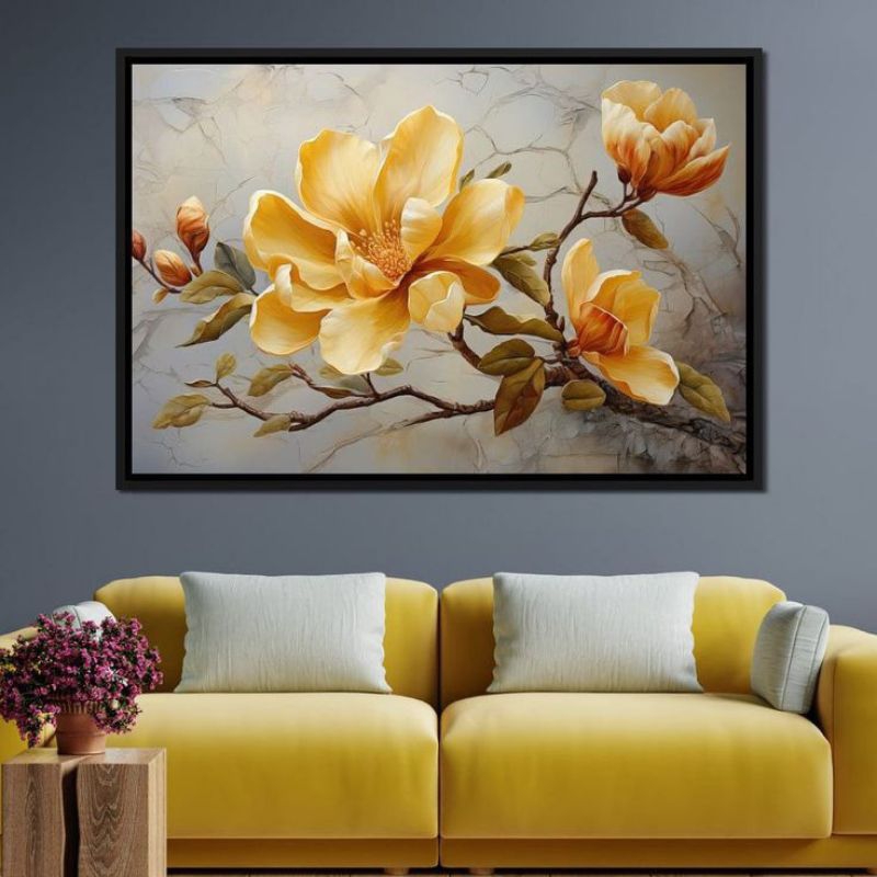 Lukisan dinding bunga anggrek kuning aesthetic modern art