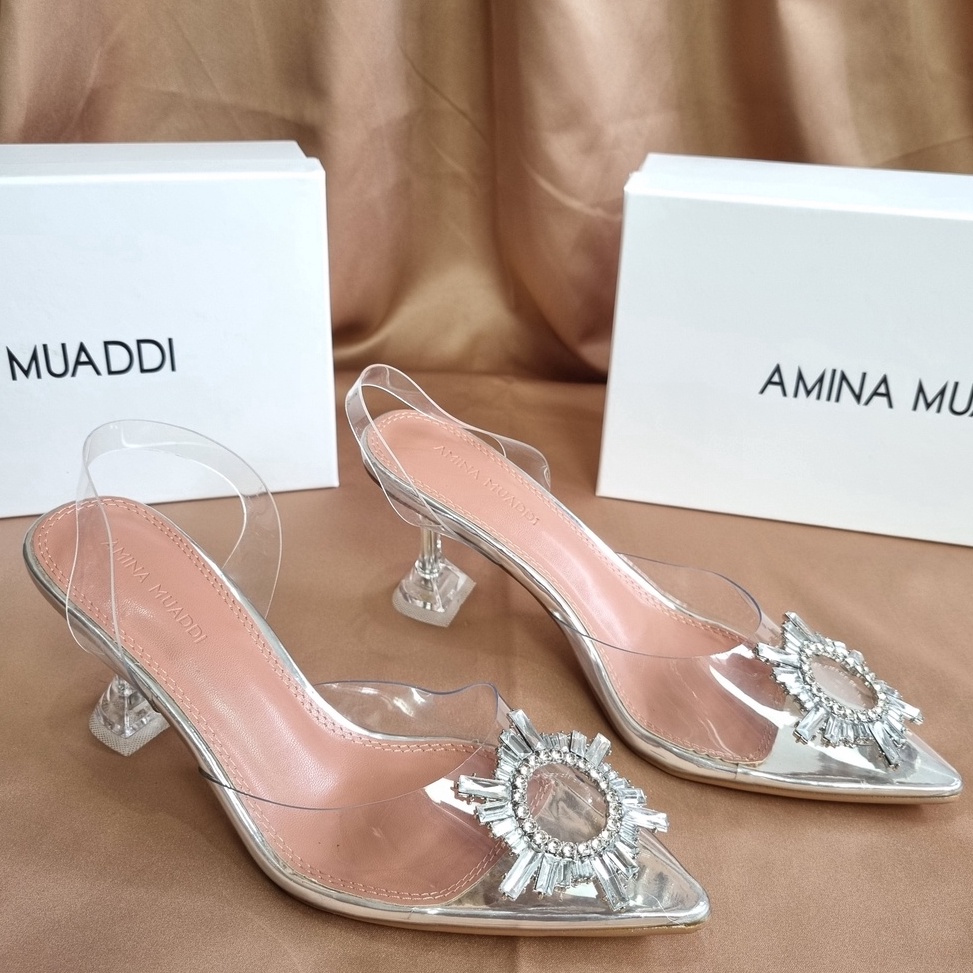 SALE SEPATU AMINA MUADDI WANITA BEGUM CRYSTAL GLASS SLING HEELS TRANSPARAN PVS