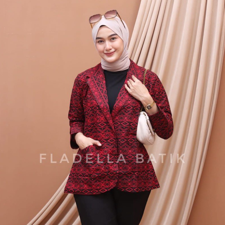 ART V82O Blazer batik cap wanita merah elegan