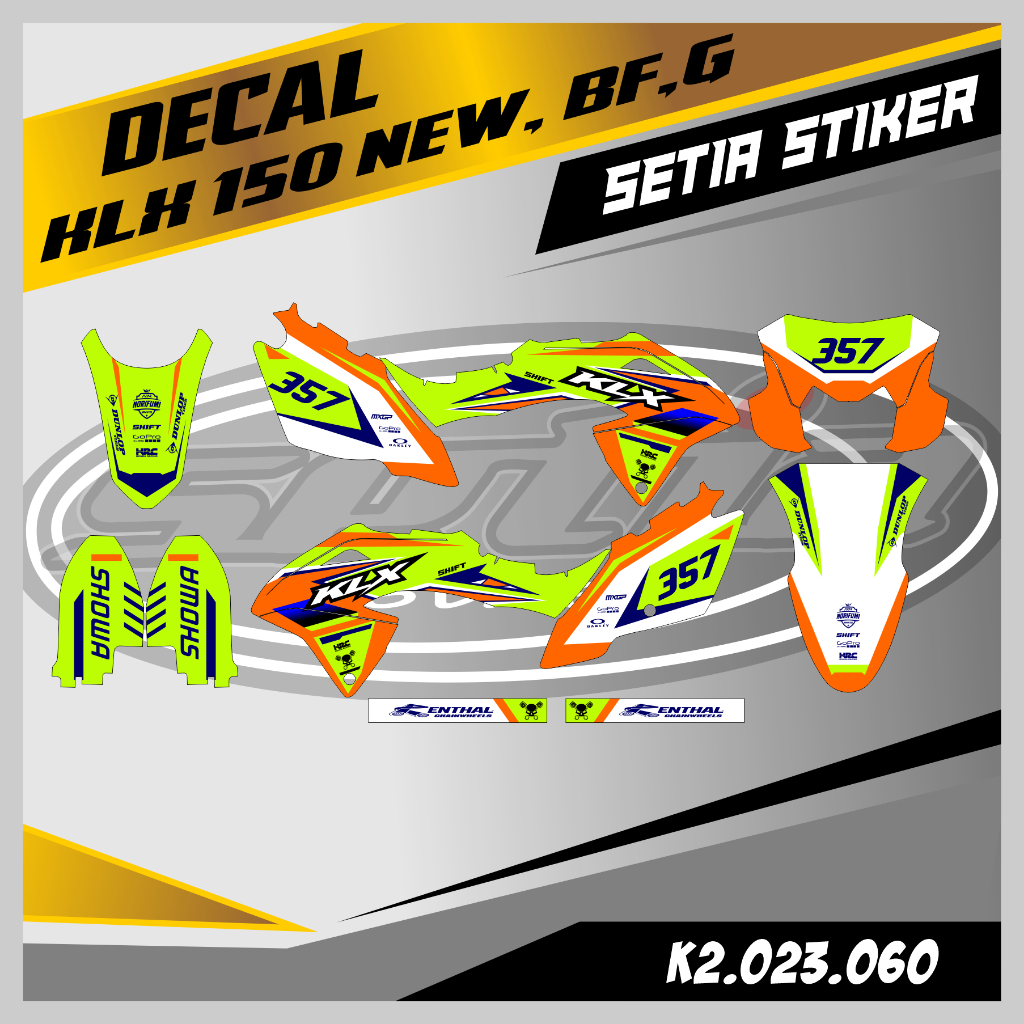 DECAL KLX BF 150 NEW, G, SE, FULL BODY,  WARNA HIJAU STABILO & ORANGE, KEREN, SIMPLE, STIKER SUPERMO