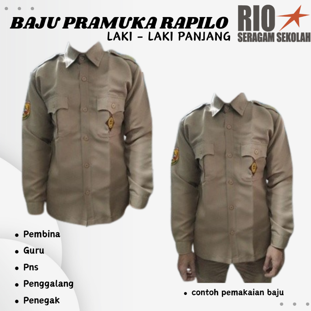 BAJU SERAGAM PRAMUKA RAPILO TANGAN PANJANG, BAJU BIG SIZE, BAJU PEMBINA, BAJU LAPANGAN, PENGGALANG