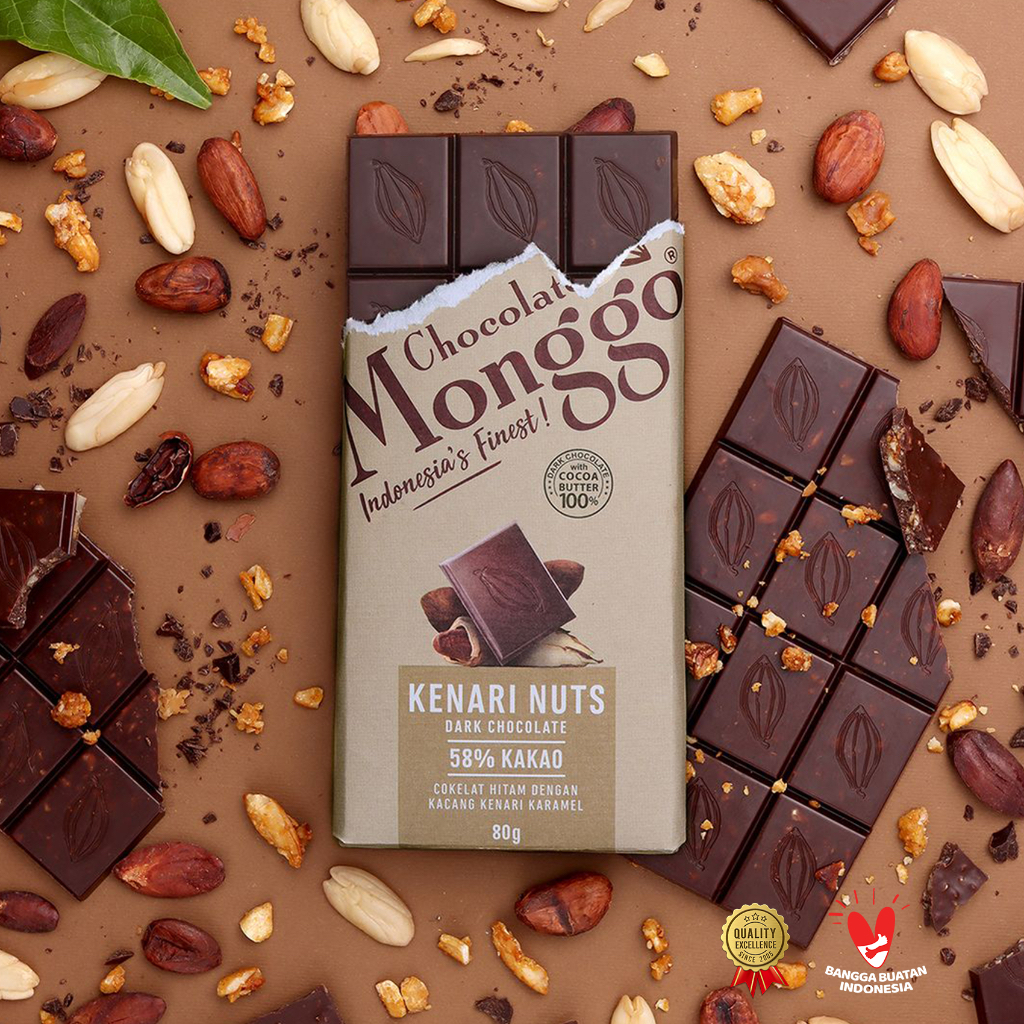 

Chocolate Monggo | Caramelized Kenari Nuts & Dark Chocolate 58% Cocoa 80g | Coklat Murni 100% Kakao Butter | Tablet Coklat 80g