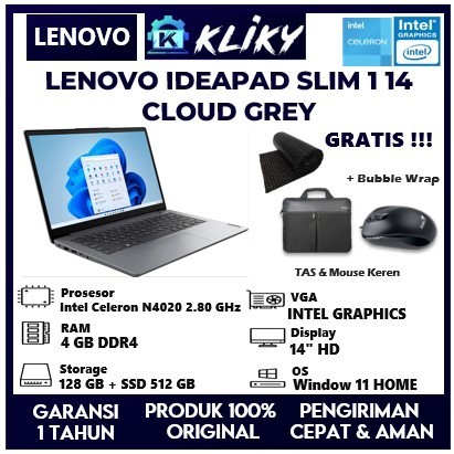 Laptop lenovo ideapad Slim 1 14 Intel N4020 Ram 4 Gb Ssd 512Gb Layar 14" HD Grey | Laptop Sekolah Lenovo | Laptop Pelajar Lenovo | Laptop Kerja Lenovo
