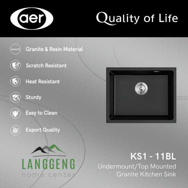 AER Granite Kitchen Sink KS1-11BL – Bak Cuci Piring Granit Hitam / Wastafel Dapur Granite / Tempat C