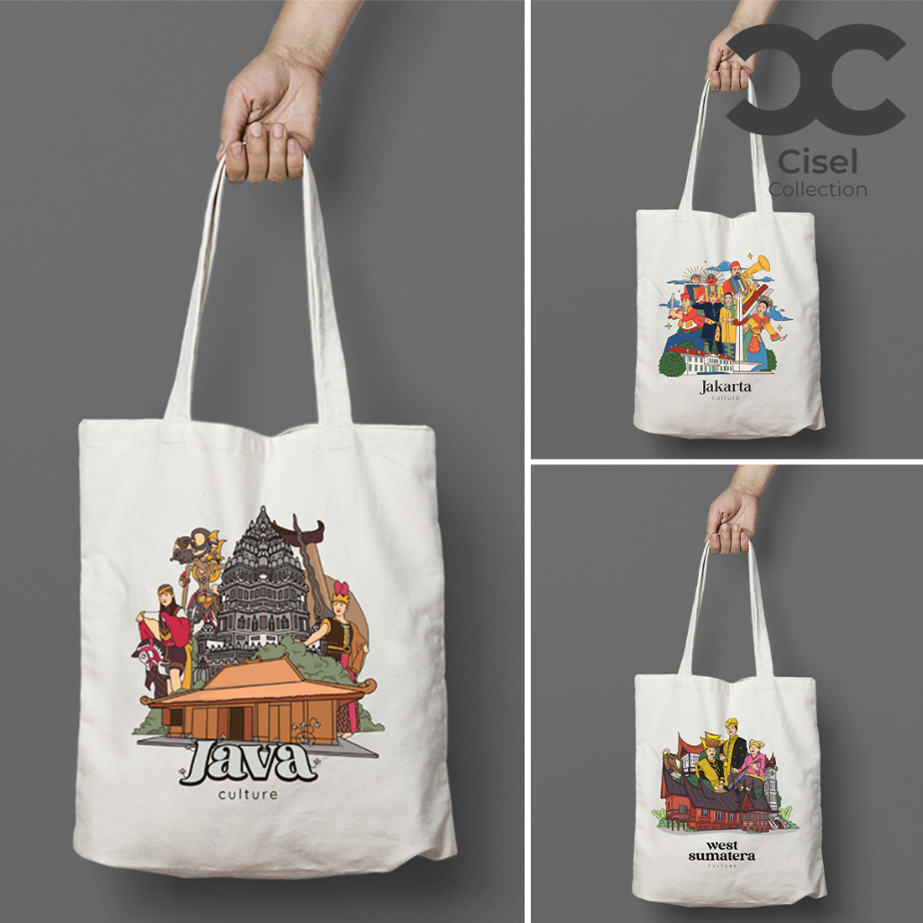 CISEL Tote Bag Tas Kanvas Resleting TEBAL Kota Besar dan Wisata Indonesia Lucu Imut Aesthetic Ukuran