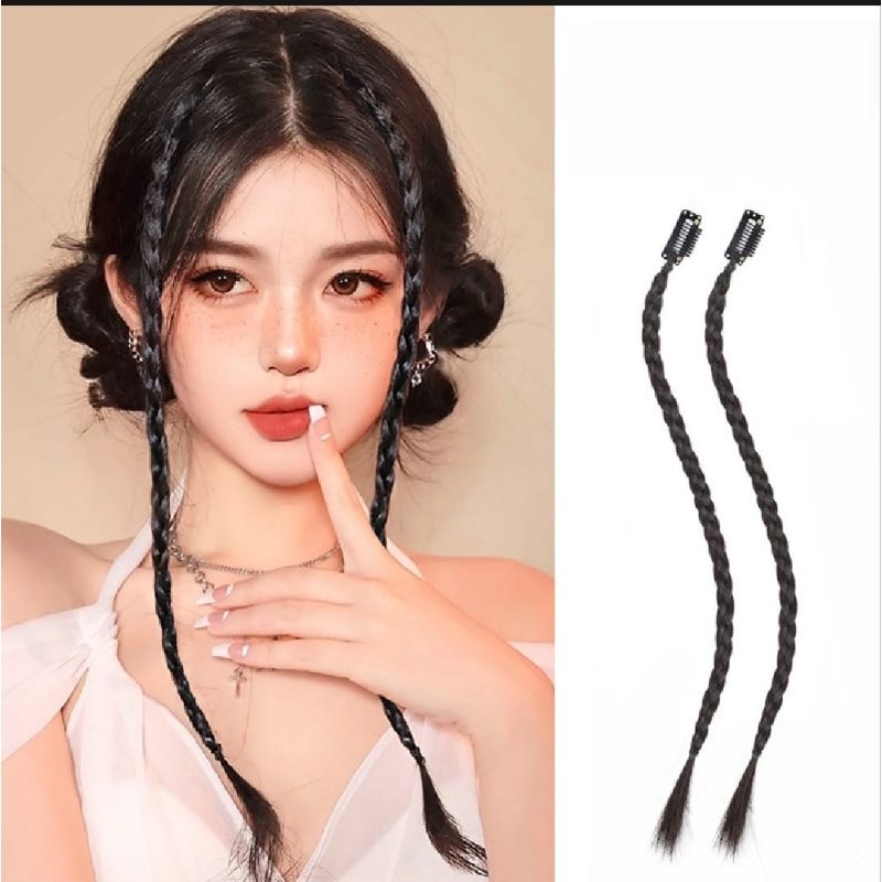 Kepang 2 pcs Hair Clip Extension Kepang - Highlight Rambut Sambung Palsu - Fashion Wanita Korea. wig