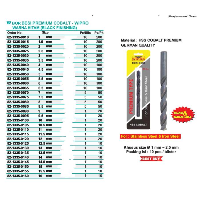 

Mata Bor Besi 4 mm Stainless HSS Cobalt WIPRO Hitam Stainless Steel