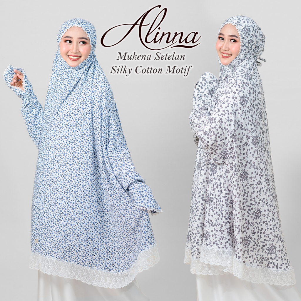 Mukena Alinna Setelan Potong Atas Bawah Berlengan Tangan Dagu Premium Silky Cotton