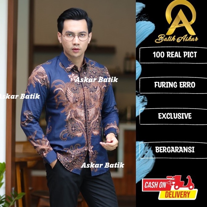 Harga Grosir ASKAR Batik Pria Slimfit Lengan Panjang Elegant Modern Heem Katun Premium Warna Biru Na