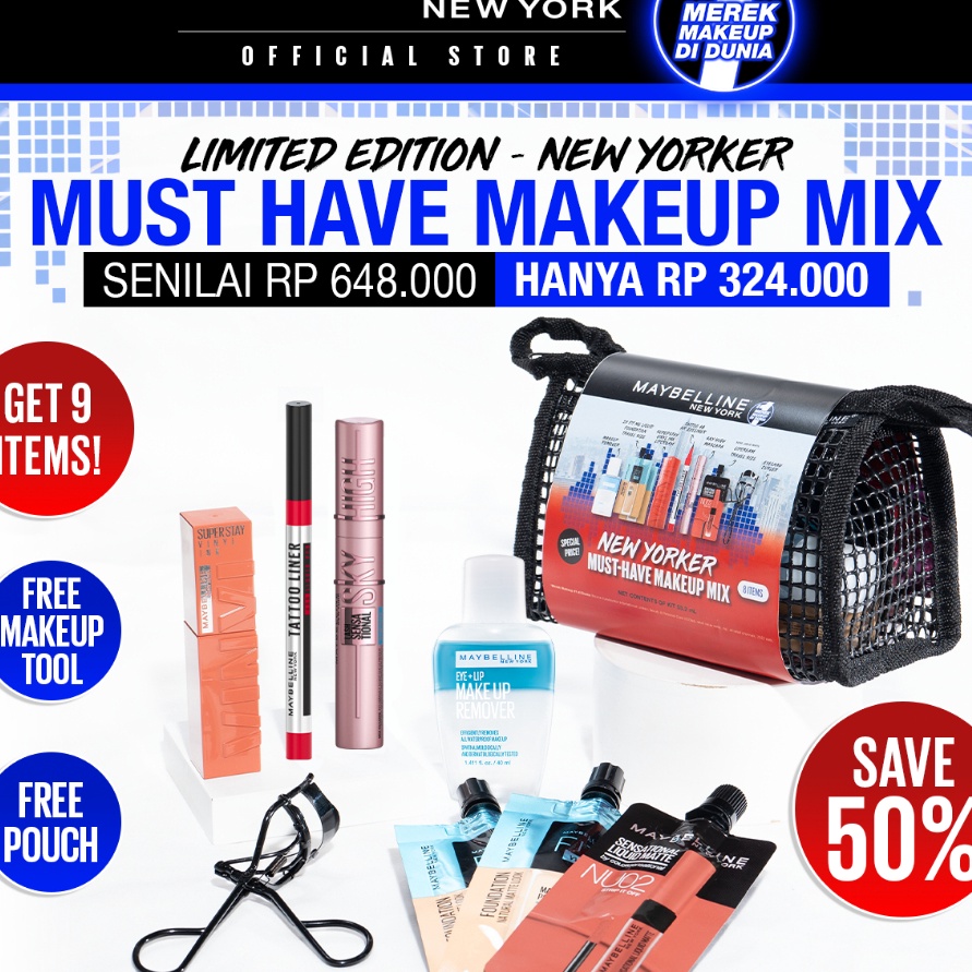 HOT PAKET MAKEUP SET HEMAT  MAYBELLINE NEW YORKER MUST HAVE MAKEUP MIX Lengkap Seserahan Paket kosme