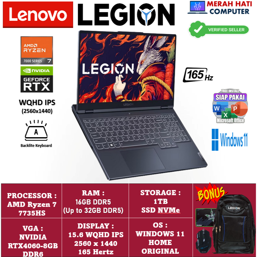LENOVO LEGION 5 15 AMD RYZEN 7 7735HS 32GB DDR5 1TB RTX4060-8GB 15.6 WQHD 165HZ BL WINDOWS 11 HOME O