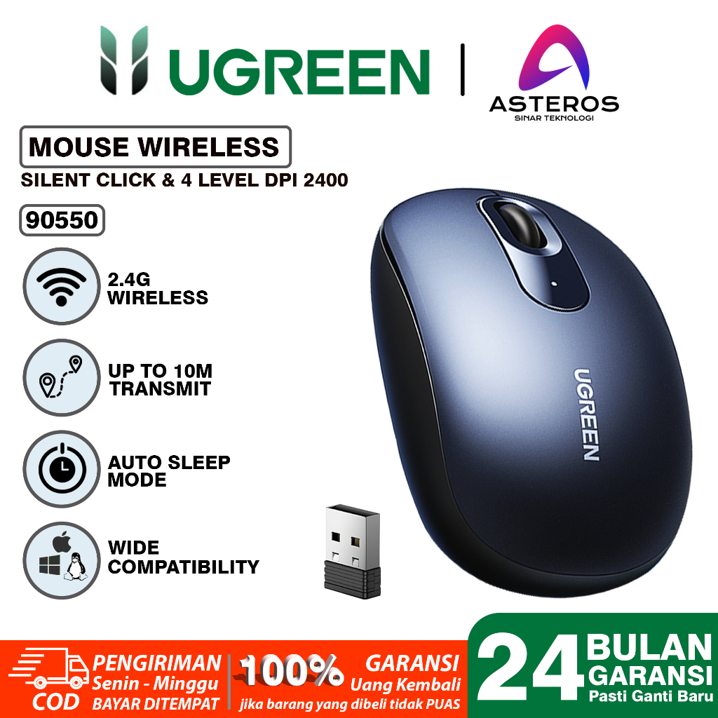 UGREEN Mouse Ergonomic Wireless Bluetooth 2 IN 1 Koneksi Silent Click For Komputer Laptop-90550 NAVY DONGLE