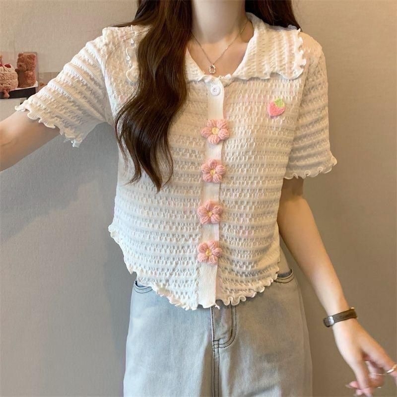 Flower Button Crop Top Kancing Bunga Atasan Baju Fasion top5437