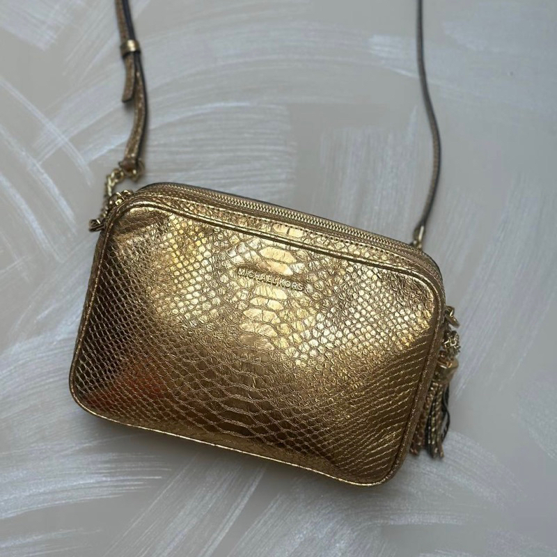 Original Michael Kors MK Ginny Large Camera Crossbody Bag Metallic Embossed Leather