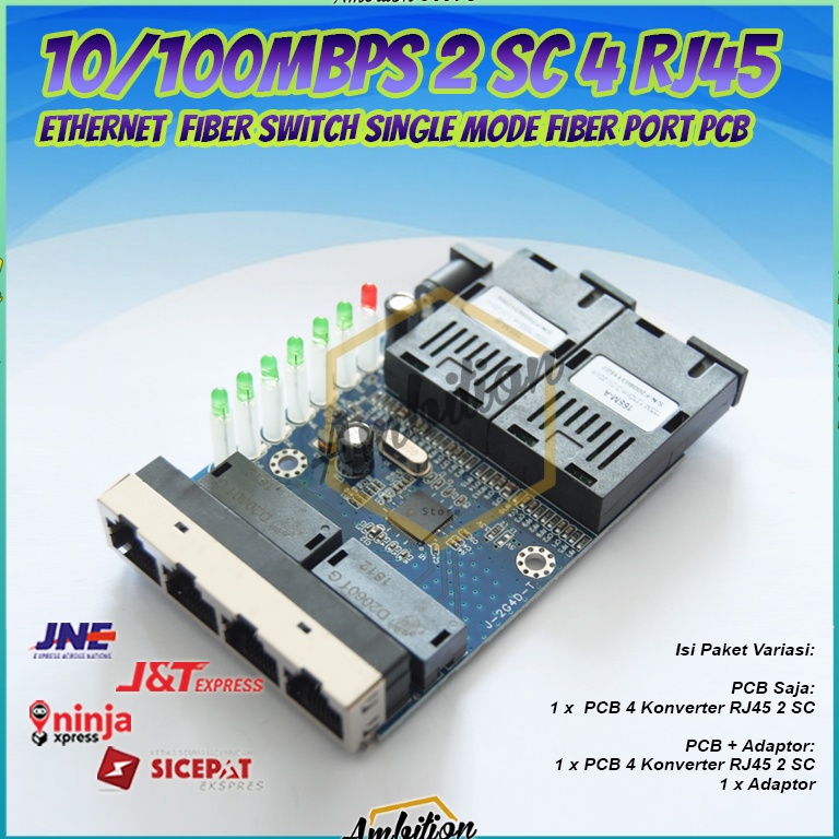 siap kirim Konverter Ethernet Switch 4 Rj45 2 SC Fiber 1  1M PCBA Fiber Optik