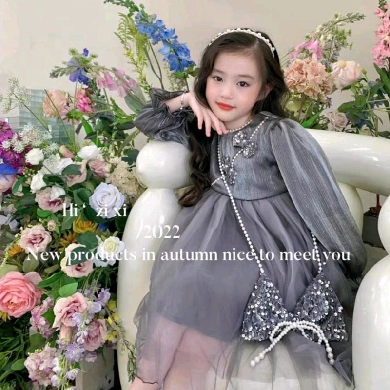 Dress bludru lengan panjang tile rempel pita timbul dan mutiara + tas anak perempuan premium 3-7 thn