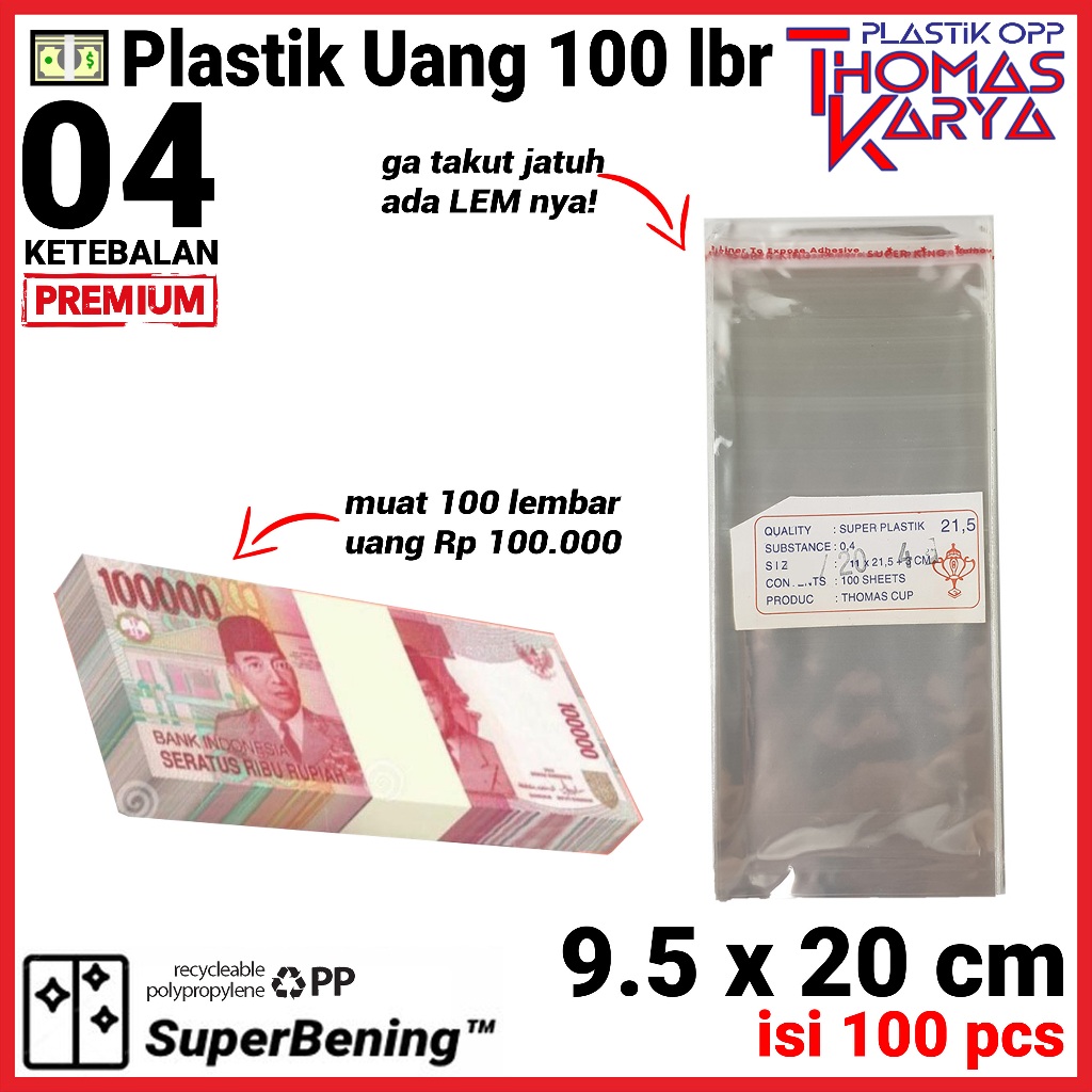 Plastik OPP 9,5x20 TEBAL isi 100 Kantong Bening Kemasan Bungkus Uang Kertas 100 Rb 100 lembar Uang 1