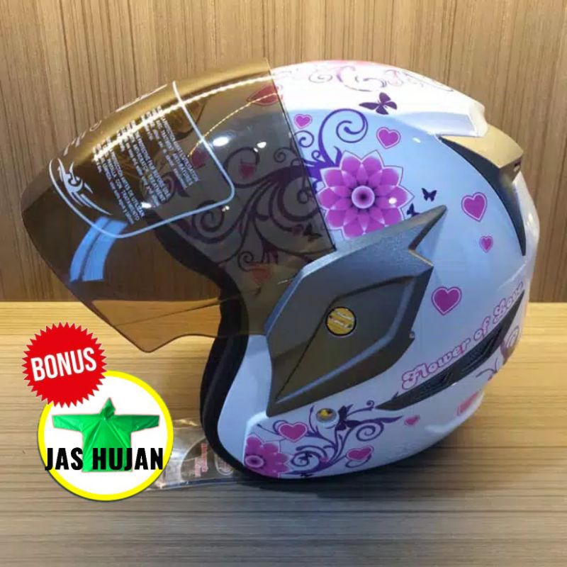 VIRTUE Helm Half Face SNI Wanita Cewek Remaja Dewasa Motif Bunga Flower Kaca Riben Original Size M L