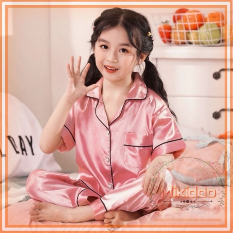 stelan baju tidur piyama anak PINK satin silky polos lengan pendek celana panjang