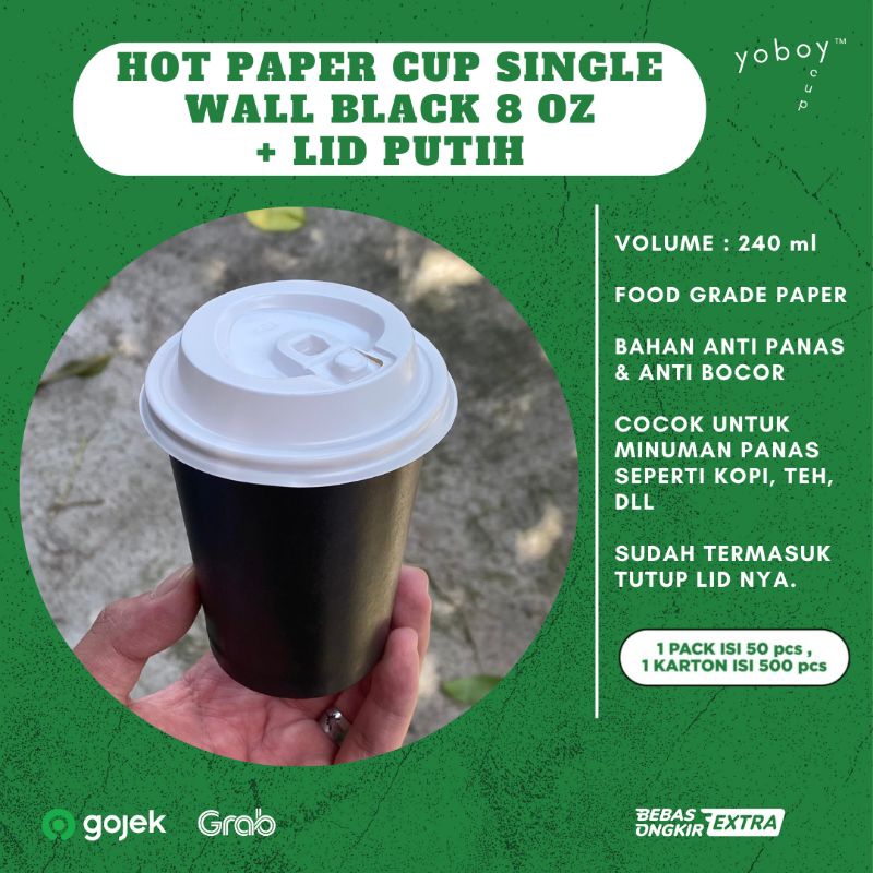 HOT PAPER CUP SINGLE WALL HITAM 8 oz + TUTUP BISA PILIH WARNA (1 PACK ISI 50 PCS)