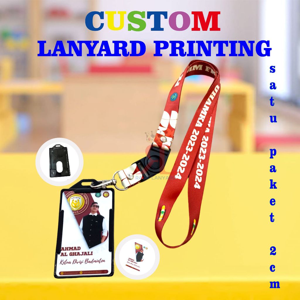

CETAK SATU PAKET TALI LANYARD CUSTOM PRINTING 2 CM 2 SISI/ SATU SET GANTUNGAN LANYARD NAME TAG