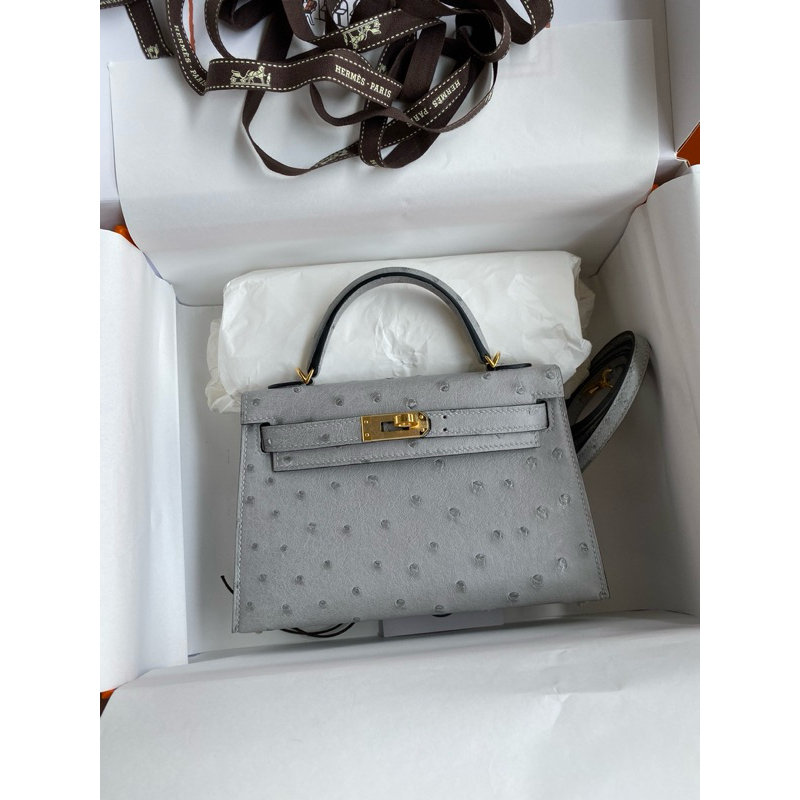 HM Ostrich Mini Kelly Gray GHW