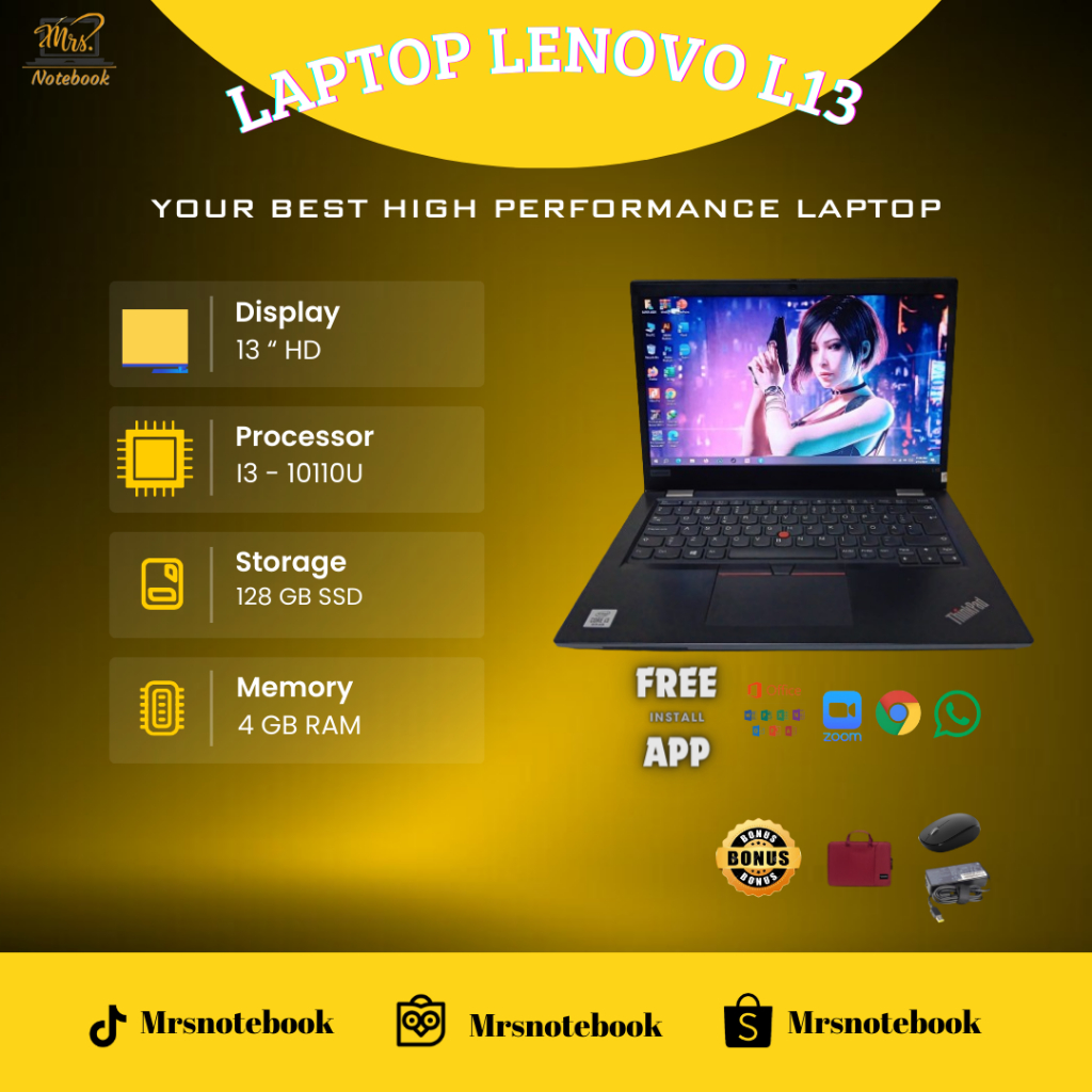 Laptop Slim Lenovo Thinkpad L13 Core i3 Gen 10th Ram 4GB SSD 128GB Gaming Kantoran - Windows 10 pro