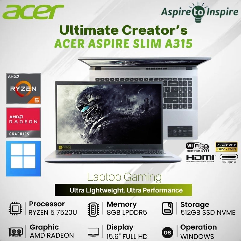 LAPTOP ACER ASPIRE 3 A315-24P-R77Z AMD RYZEN 5-7520U SSD 512GB RAM 8GB 15"FHD - LAPTOP GAMING BARU