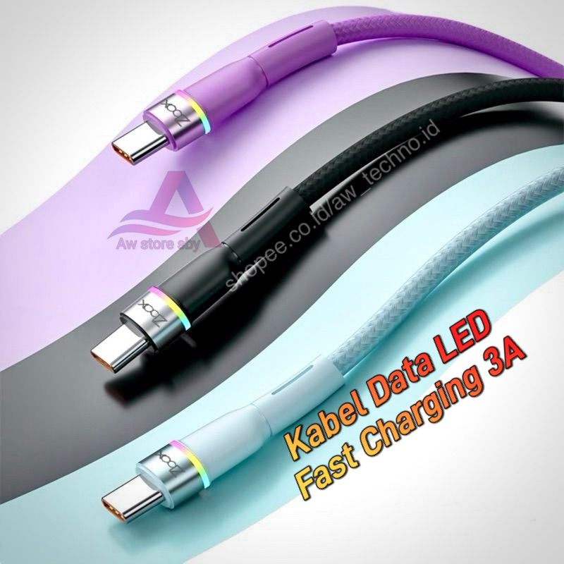 ZB0X3A KABEL DATA COLORFUL LED LIGHT FAST CHARGING 3A MICRO USB/ TYPE C/ LIGHTNING IPH0NE 6 6s 6+ 7 