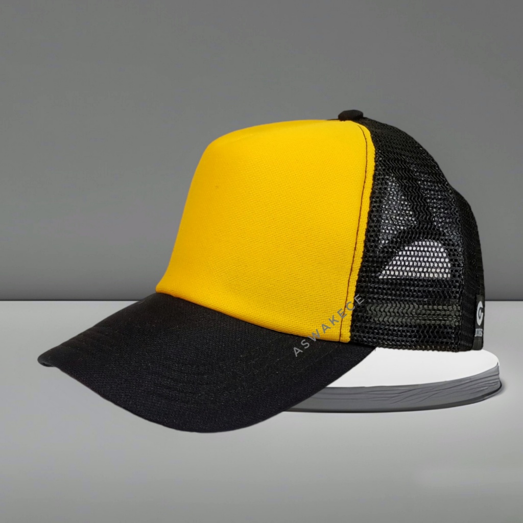 Topi Jaring Polos Warna Kombinasi Hitam depan Kuning