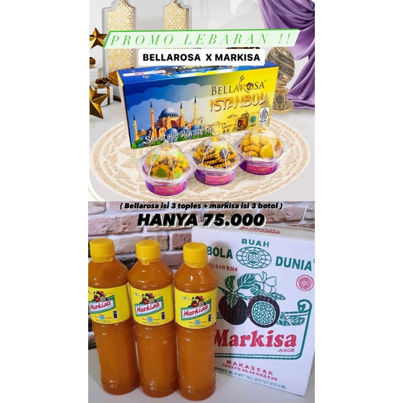 

PROMO LEBARAN BELLAROSSA X MARKISA BOLA DUNIA MAKASSAR / HAMPERS LEBARAN MURAH / KUE KERING ENAK
