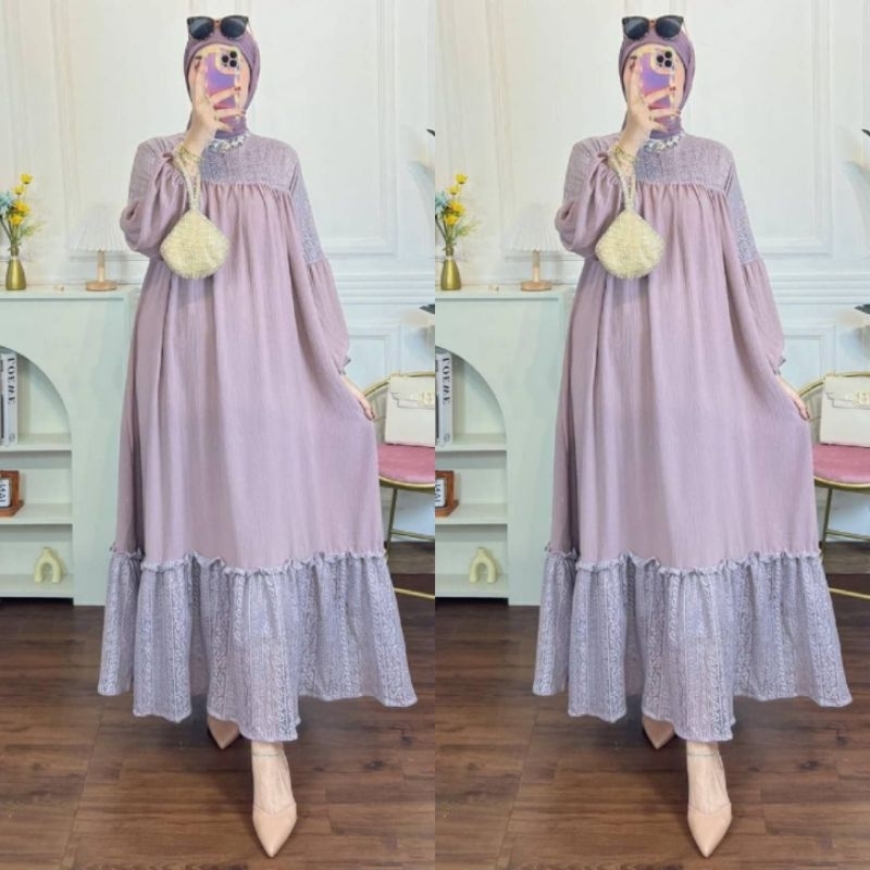 MALIKA DRESS CRINKLE AIRFLOW PREMIUM MIX BROKAT IMPORT / GAMIS PREMIUM CRINKLE AIRFLOW KOMBINASI BRO