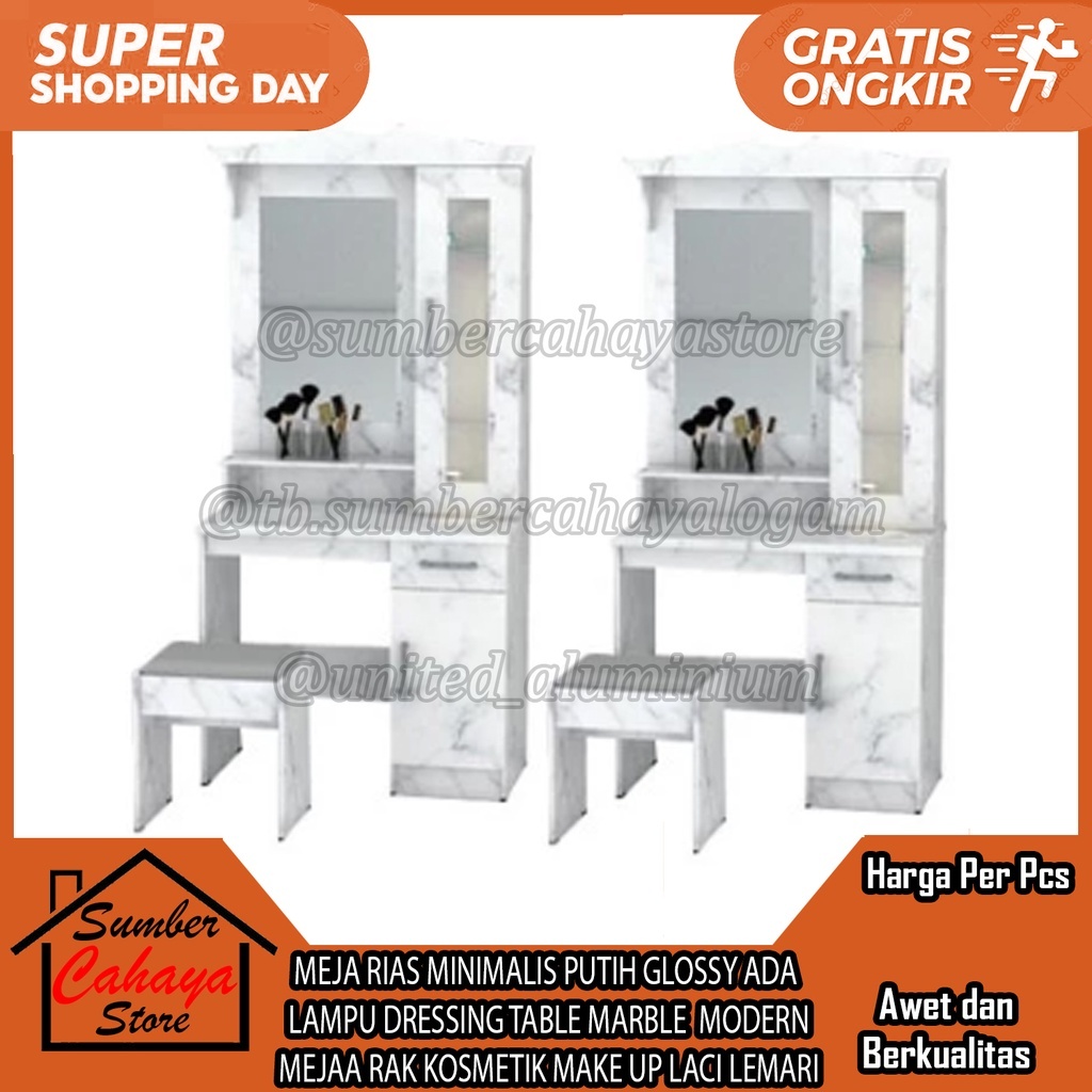 [Kargo] MEJA RIAS MINIMALIS PUTIH GLOSSY ADA LAMPU DRESSING TABLE MARBLE  MODERN RACK RAK KOSMETIK M