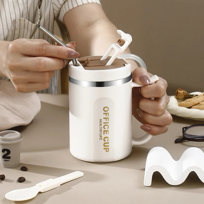 

2Xbtygneal Sakha Snack ) Mug Stainless Mug Coffee Tahan Panas Dengan Handle Sedotan Kapasitas 500Ml