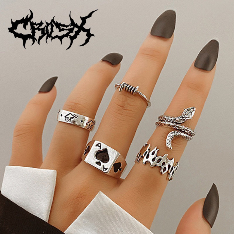 FADI RING SET / 5PCS SNAKE FLAME CASINO POKER SKULL OVAL CINCIN HITAM SILVER / COUPLE RING CINCIN CO