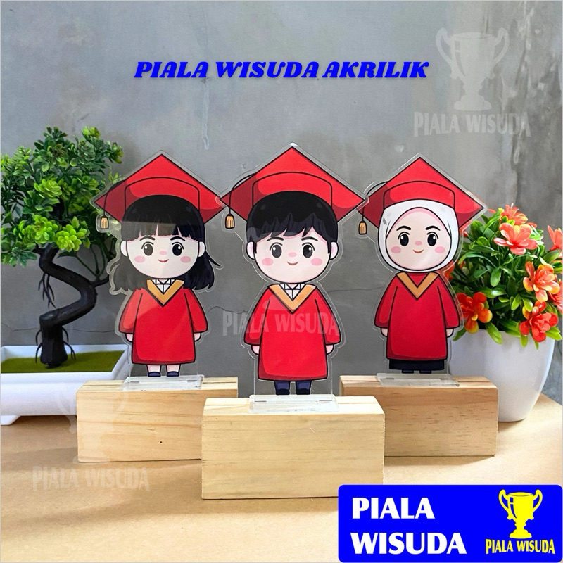 Piala Akrilik Wisuda (Merah) Tatakan Kayu 3mm - Piala Wisuda Karakter Almamater Universitas Negeri H