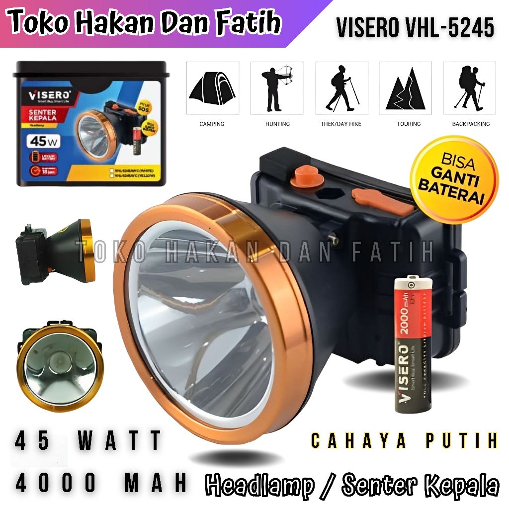 Senter Kepala Visero VHL-5245 45W cahaya Putih | Visero Senter Kepala LED Headlamp outdoor Super Ter