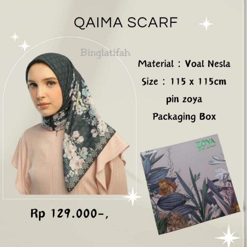 Qaima Scarf dg logo Zoya pin free Box Kerudung Segiempat by Zoya