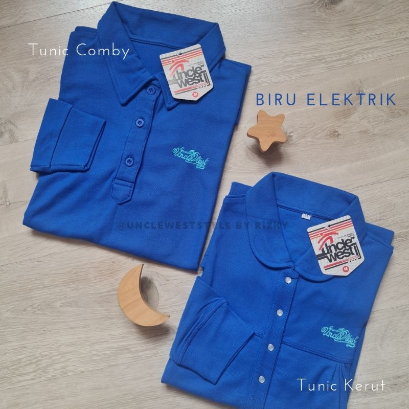 PAKAIAN TUNIK OLAHRAGA - TUNIK BABYDOLL KERUT BIRU ELEKTRIK - UNCLEWEST STYLE - PAKAIAN OLAH RAGA WA