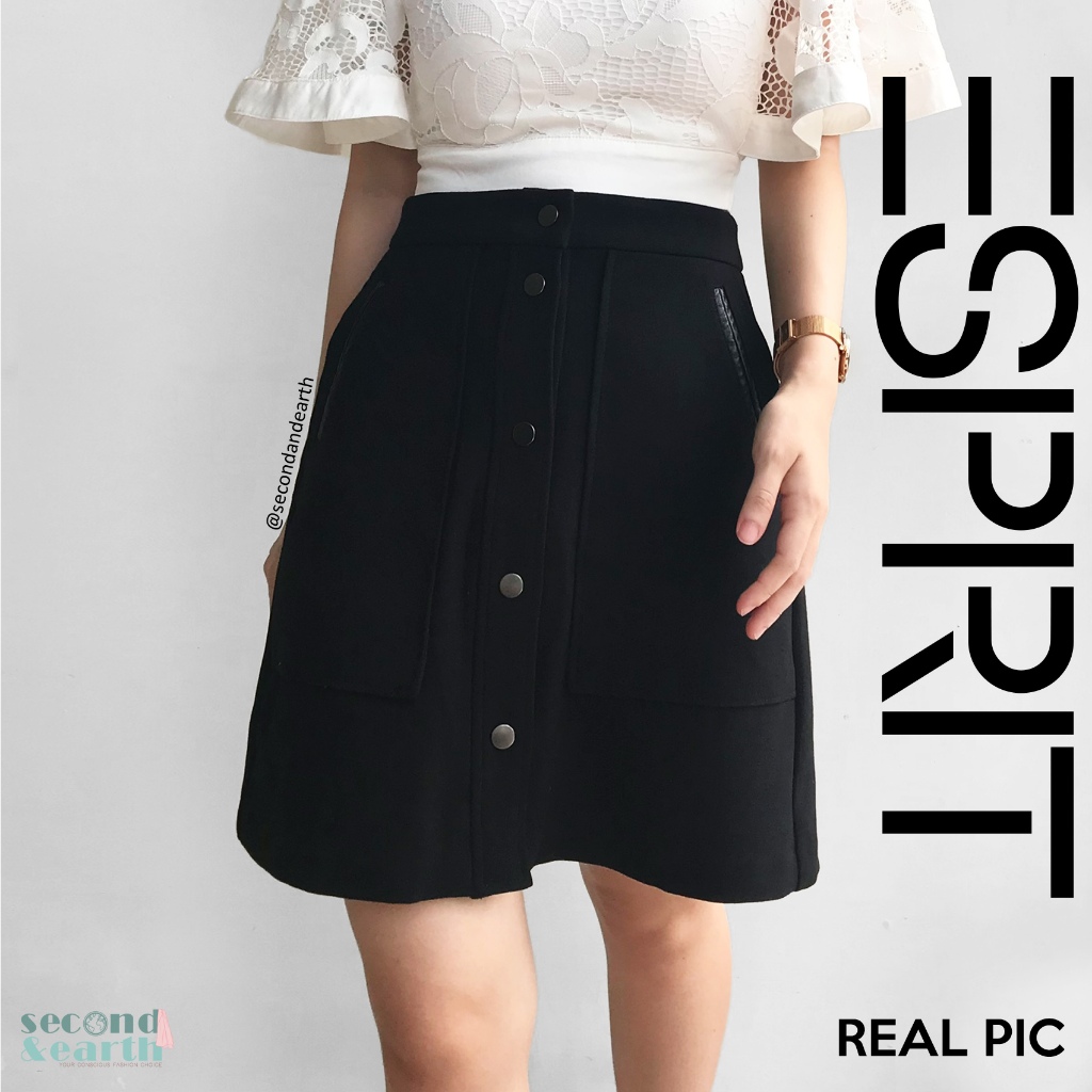 Esprit Authentic Mini Skirt (XS-S) Rok Kerja Wanita A-Line Pendek Rok High Wasit Wol Tebal Hitam Pol