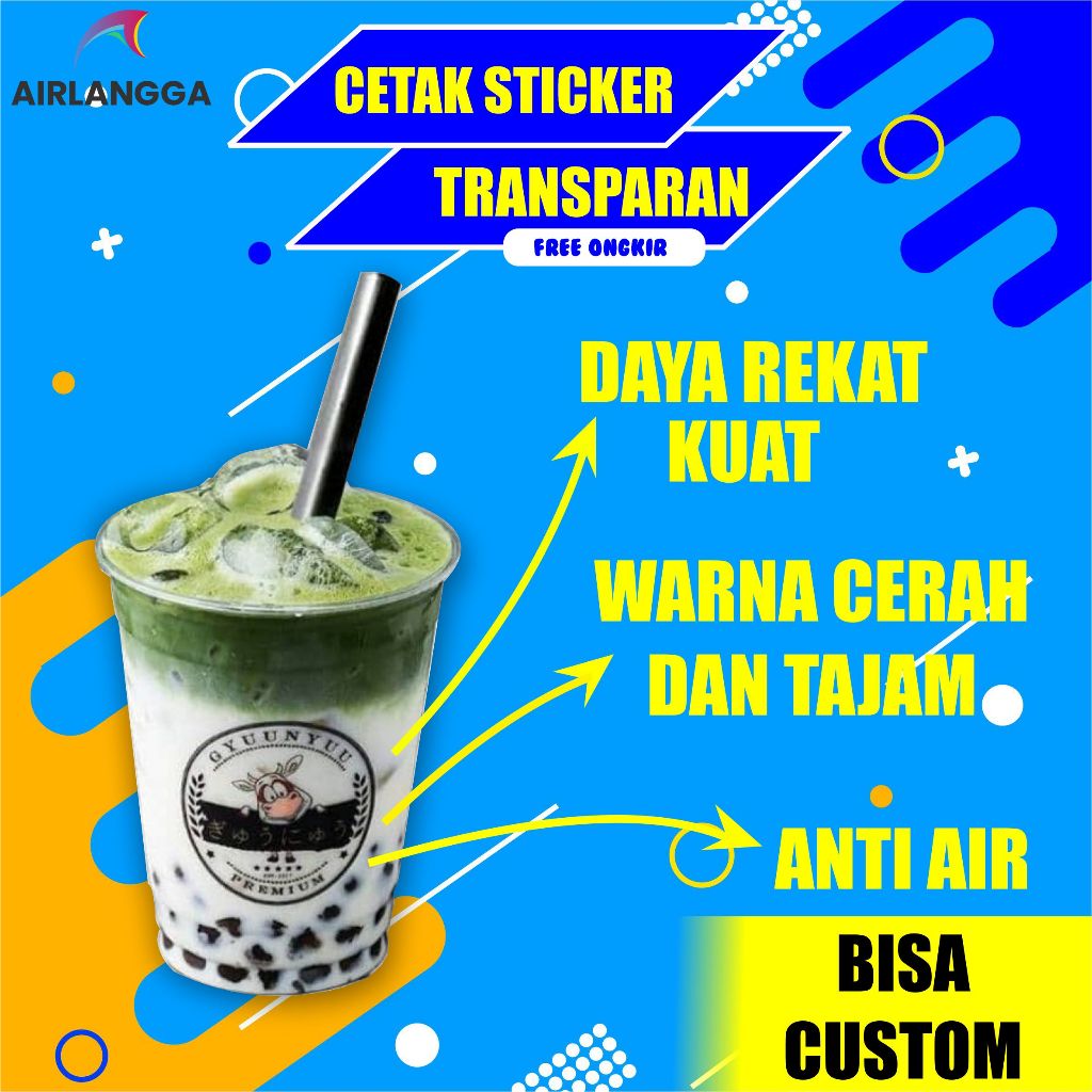 

CETAK STIKER TRANSPARANT ANTI AIR CUSTOM STICKER BULAT GLOSSY CUP MINUMAN MAKANAN LABEL KEMASAN