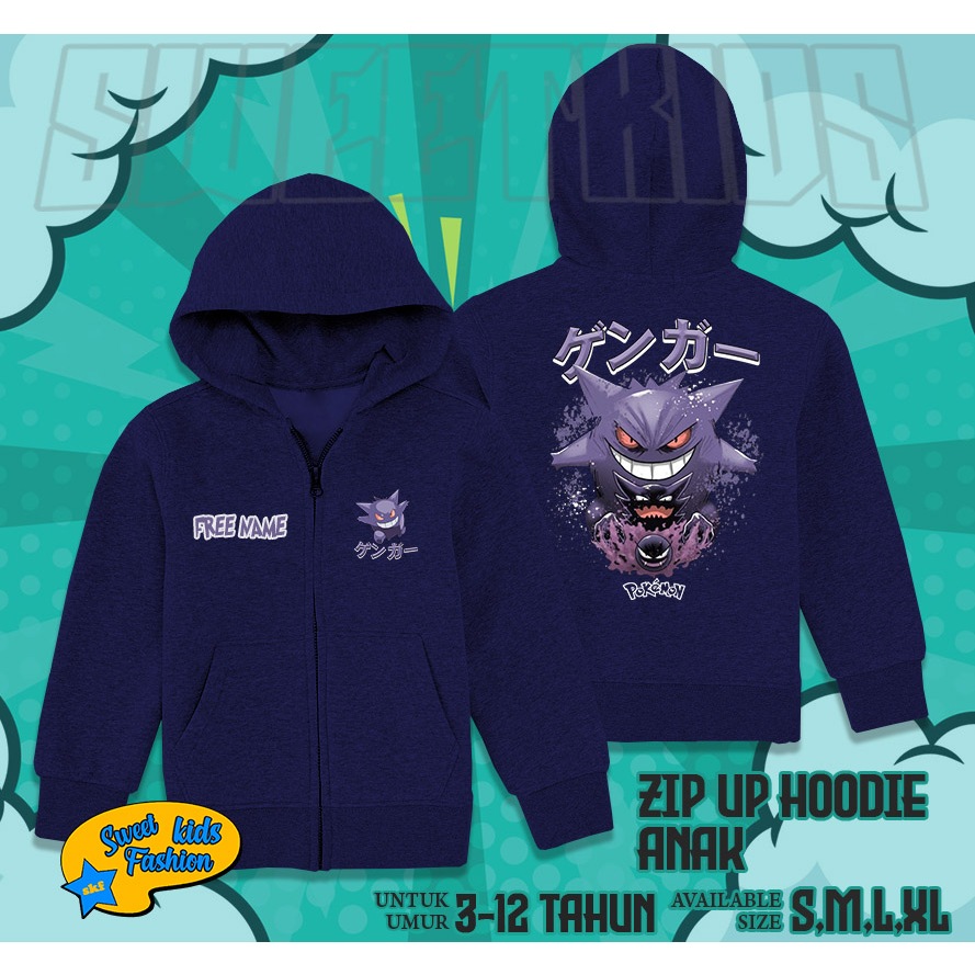 Jaket Hoodie Zipper Anak Pokemon Gengar / Jaket Anak Gengar Pokemon Resleting Gratis Nama