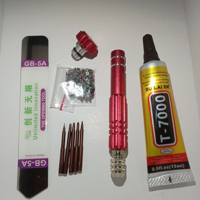 Alat service hp lengkap obeng 5mata lem lcd 15ml isi hitam besi pencongkel lcd dan baut hp xiaomi op