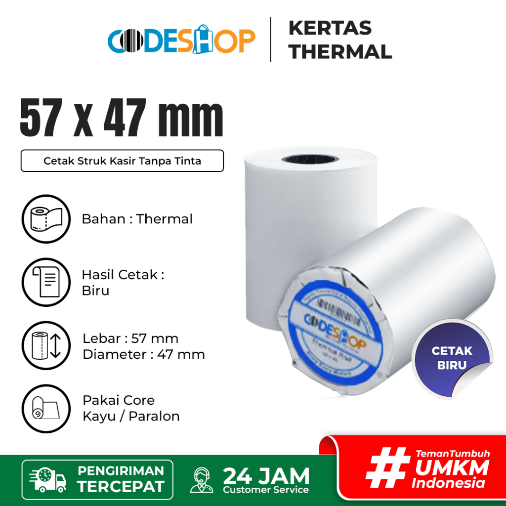 

Kertas Thermal Biru 57 x 47 Struk Roll Printer Kasir 58mm Codeshop